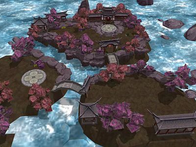 Ancient Chinese Architecture With Stone Bridges Pink Blossoms And Water Surroundings 3d model