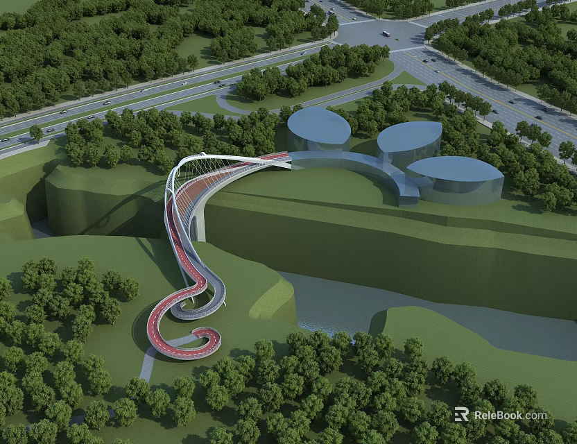 Winding Modern Bridge with Curved Design Surrounded by Lush Greenery Over River 3d model 
