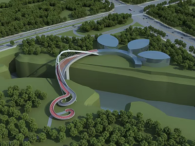 Winding Modern Bridge with Curved Design Surrounded by Lush Greenery Over River 3d model