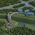 Winding Modern Bridge with Curved Design Surrounded by Lush Greenery Over River