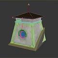 Small White Tower Structure With Circular Window Blue Red Frame Brown Roof And Spire
