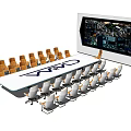 Modern Conference Table With VMC Logo Orange White Chairs And Large Display Screen