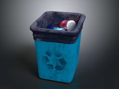 Blue Recycling Trash Can With Recycling Symbol And Trash Items Inside 3d model