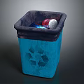 Blue Recycling Trash Can With Recycling Symbol And Trash Items Inside 3d model