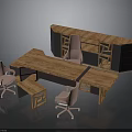 Wooden Office Furniture Set Featuring Large Desk Pink Swivel Chairs And Storage Cabinet