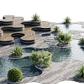 Tranquil Water Fountain Landscape With Interconnected Wooden Platforms Green Bushes And Flowing Water