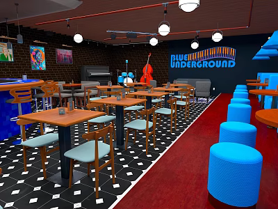 Blue Underground Interior Scene Featuring Wooden Tables Chairs Blue Stools Red Carpet And Diamond Tiles 3d model