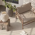 Stylish Lounge Chair With Wooden Frame Linen Cushion And Potted Plant Near Window Lamp