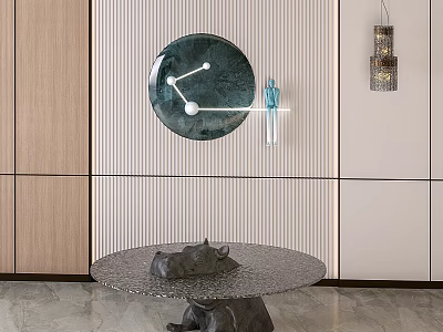 Modern Minimalist Coffee Table With Round Textured Top Artistic Base And Decorative Wall Art 3d model