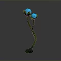 Green Plant With Curved Stems Two Blue Glowing Buds And Green Base On Gray Background