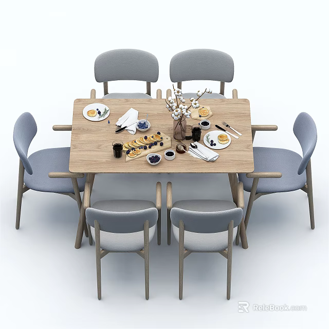 Wooden Dining Table Set with Six Grey Chairs and Tableware Flower Vase 3d model