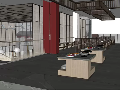 Hotel Lobby Interior With Large Windows Red Pillars Buffet Counters And Modern Seating 3d model