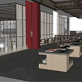 Hotel Lobby Interior With Large Windows Red Pillars Buffet Counters And Modern Seating