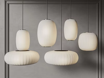White Fabric Lantern Shaped Pendant Lights On Gray Wall Minimalist Interior Design 3d model