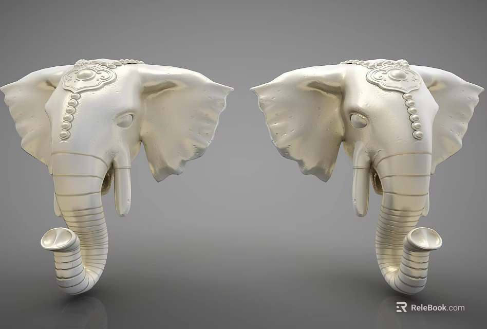 White Elephant Head Decorative Ornament Set with Intricate Design and Sculptural Details 3d model 