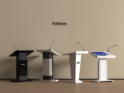 Poliform Four Different Design Podiums With Microphones One With Screen Beige Wall Background Wooden Floor 3d model