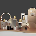 Elegant Display Setup With Golden Arches White Pillars Egg Decor And Gift Boxes