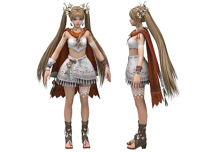 Woman With Long Twin Ponytails In Traditional White Outfit Brown Cape Headpiece Bracelets And Boots 3d model