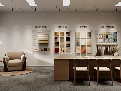 Bright Neutral Toned Modern Office With Interior Material Sample Display And Comfortable Lounge Seating 3d model