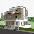 Modern Detached Villa Exterior With Glass Balcony Green Lawn And Trees