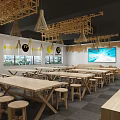 School Cafeteria Interior With Wooden Tables Stools Pendant Lights TV Screen And Windows