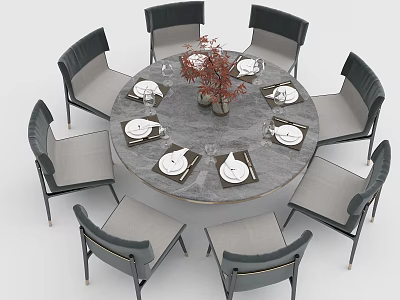 Modern Round Dining Table Set With Eight Chairs Tableware And Flower Centerpiece 3d model