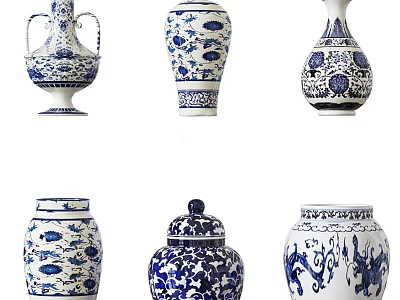 Blue and White Ceramic Vessels with Traditional Patterns for Home Decor 3d model