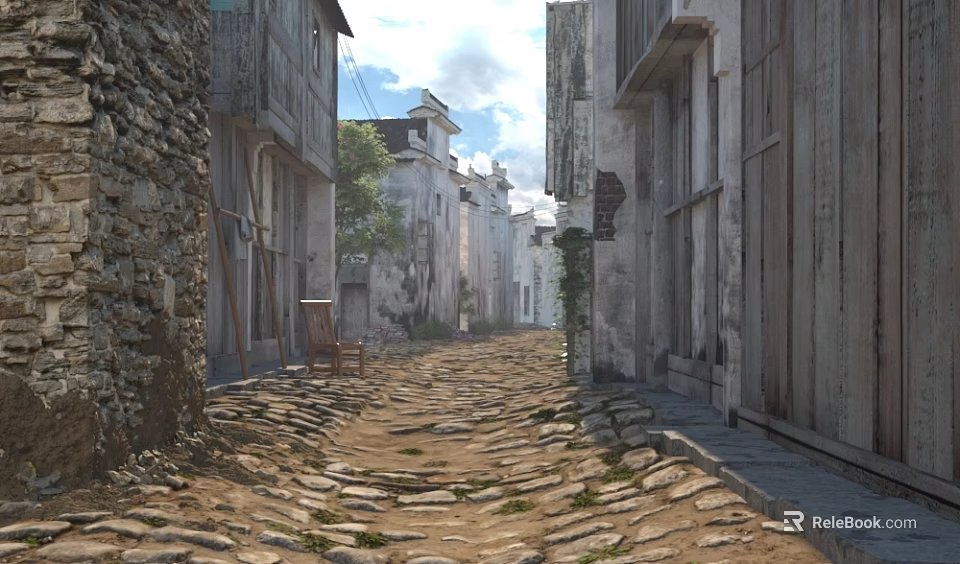 Ancient Architecture Street Scene With Cobblestone Road And Historic Buildings On Both Sides 3d model 