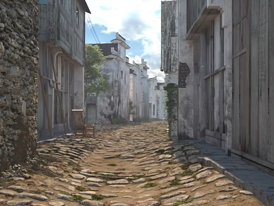 Ancient Architecture Street Scene With Cobblestone Road And Historic Buildings On Both Sides 3d model