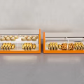 Glass Display Shelves with Orange Frames Showcasing Tiered Golden Pastries for Bakery Food