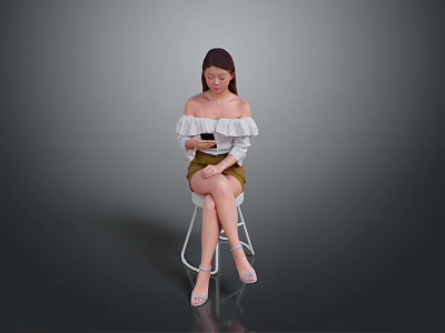 Woman Sitting On Chair Using Smartphone Wearing Off Shoulder Top And Shorts 3d model