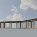 Modern Landscape Pavilion With Circular Arch Glass Screens And Columns Under Blue Sky White Clouds