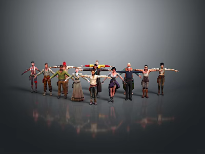 Various Costumed Creatures and Characters Standing in Line With Outstretched Arms Against Gray Background Reflections 3d model