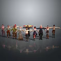 Various Costumed Creatures and Characters Standing in Line With Outstretched Arms Against Gray Background Reflections