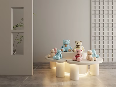 Plush Animal Decor Set With Blue Pink Beige Bears On Round Tables With Lit Bases 3d model