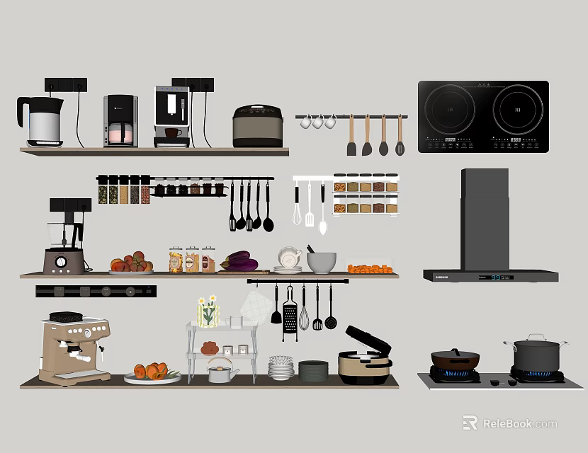 Essential Kitchen Utensils Collection With Coffee Maker Toaster Blender Pans And Knives 3d model 