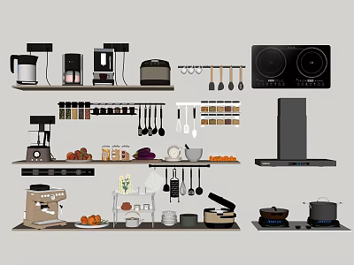 Essential Kitchen Utensils Collection With Coffee Maker Toaster Blender Pans And Knives 3d model