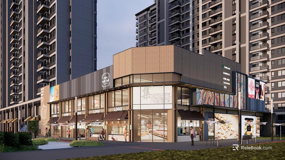 Modern Commercial Complex with Glass Facade Shop Fronts and Surrounding High Rise Buildings 3d model 