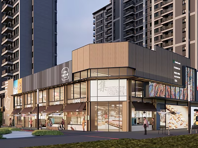 Modern Commercial Complex with Glass Facade Shop Fronts and Surrounding High Rise Buildings 3d model