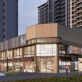 Modern Commercial Complex with Glass Facade Shop Fronts and Surrounding High Rise Buildings