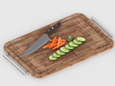 Wooden Cutting Board With Metal Handles Sharp Kitchen Knife And Sliced Vegetables 3d model