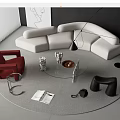 Curved White Sofa and Round Glass Coffee Table Set in Modern Interior With Red Armchair