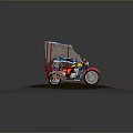 Tricycle Red Frame Canopy Decorative Details Parked On Muddy Grassy Circular Area With Gray Background