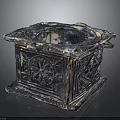 Vintage Square Stone Furniture Piece Featuring Intricate Carved Patterns And Distressed Finish