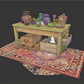 Vintage Daily Living Items On Wooden Table With Ceramic Vases And Straw Rug