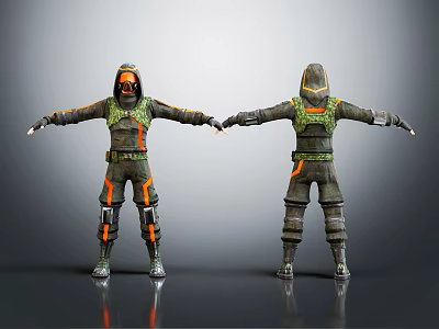 Two 3D Character And Creature Models In Futuristic Green Orange Suits Front Back Views 3d model