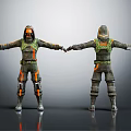 Two 3D Character And Creature Models In Futuristic Green Orange Suits Front Back Views