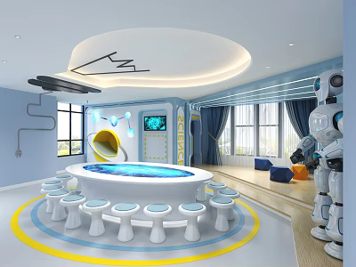 Blue And White Kindergarten Interior With Round Table Small Stools Robot And Interactive Area 3d model