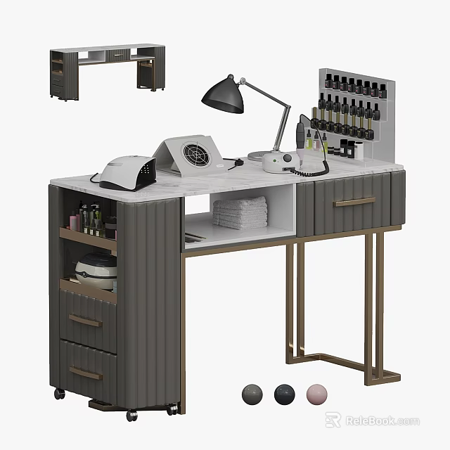 Modern Dressing Table With White Countertop Black Lamp Cosmetic Storage Drawers And Cabinets 3d model 