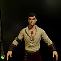 Man Holding Long Sword with Green Gem in Light Tunic and Brown Leather Boots